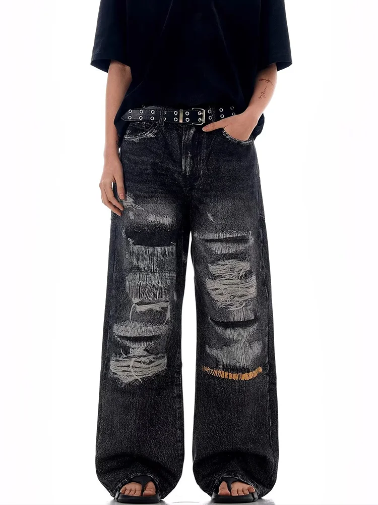 

Women's Black Gothic Ripped Y2K Cargo Baggy Jeans Japanese Harajuku Streetwear Aesthetic Loose Wide Leg Jeans Pants Clothing