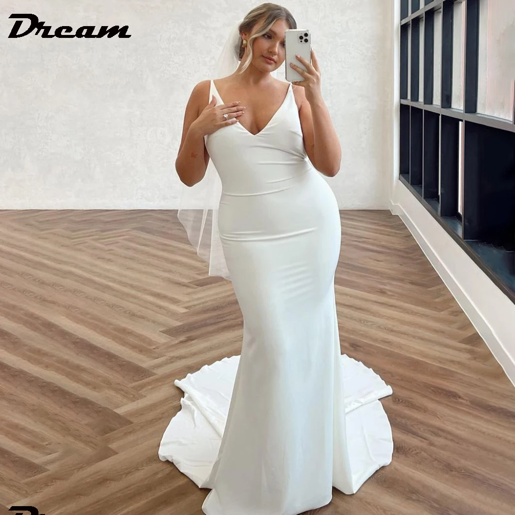 DREAM-Vestido de Noiva Sereia Feminino com Trem Destacável das Costas Crepe, Simples Sem Mangas, Decote em V, Vestido De Noiva Sem Costas, Elegante, 2023