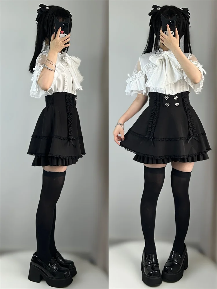 Mine Style Mass Production Japanese Sweet Lace Bow Off-the-Shoulder Short Sleeve Shirt Blouses High-Waisted Pantskirt Outfits