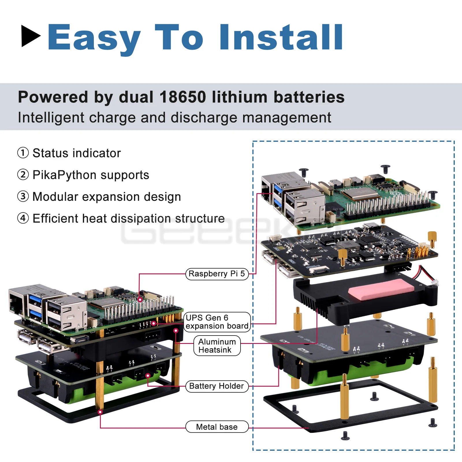GeeekPi UPS Gen 6 Power Module for Raspberry Pi 5/RPI 4B - Enhanced Stability And Protection Uninterruptible Power Supply Module