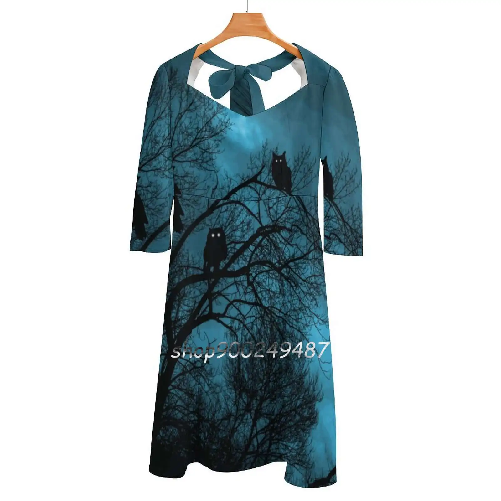 Night Wisdom Square Neck Dress New Plus Size Elegant Women Waist Tight Dress Moose Elk Deer Owl Owl Night Bird Birds Magical