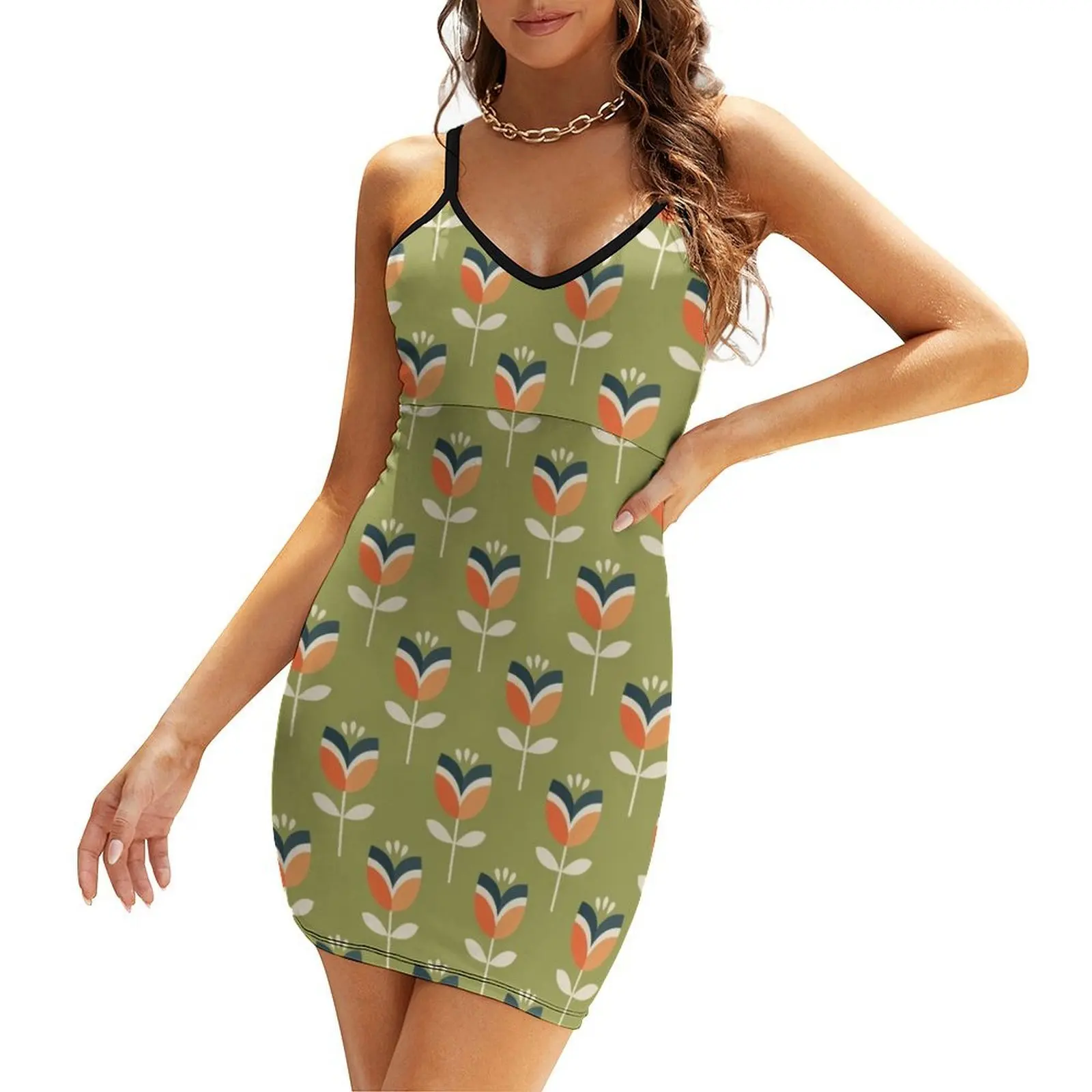 

Retro Tulip - Orange and Olive Green Sling Dress Cocktail of dresses dress for women Beachwear