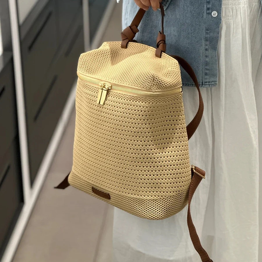 Women's 2026 New Summer High-end Woven Backpack Large Capacity Lightweight Portable Backpack Casual Hollow Out Zip Shoulder Bags