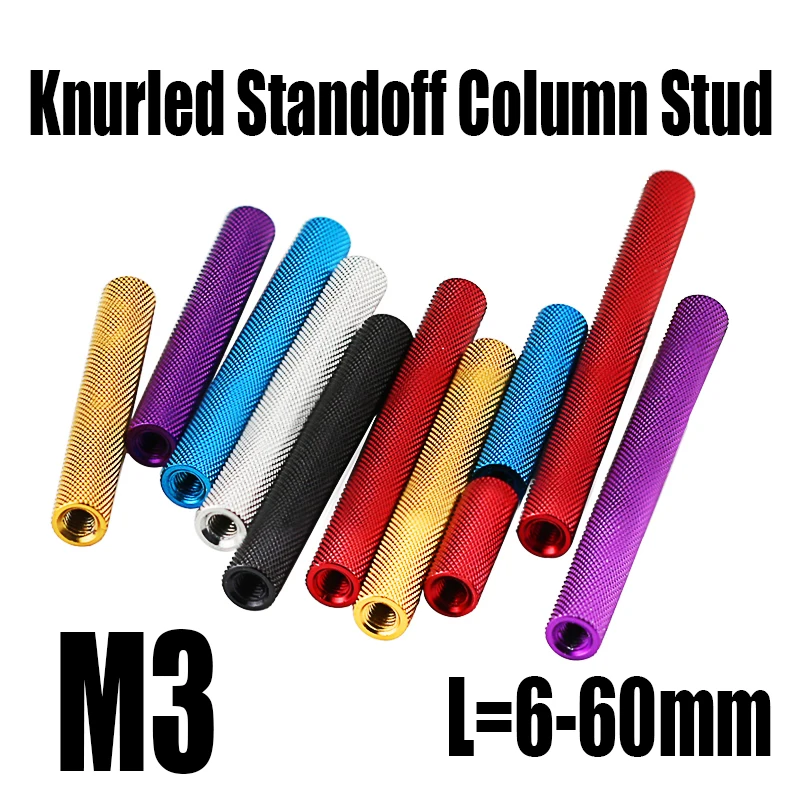 10PCS M3 L=6-60mm Colored Round Aluminum Knurled Standoff Column Stud Extend Long Nut Aluminum Spacer Rod Standoff Spacer Pillar