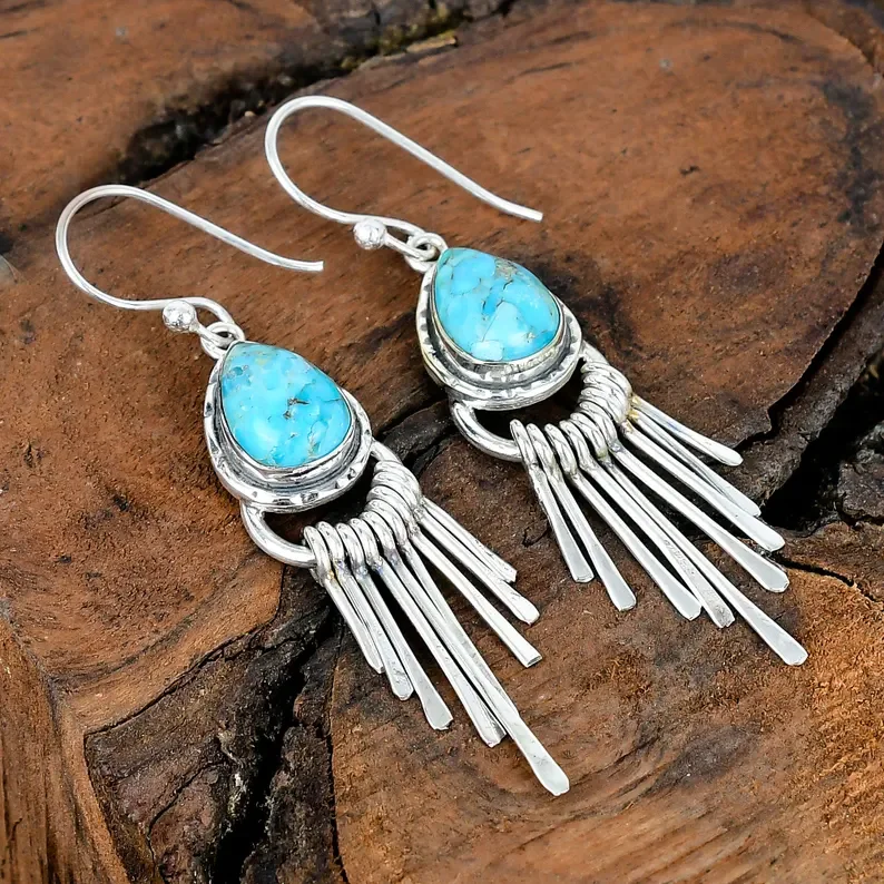 National Style Distressed Drop Artificial Gemstone Fringed Pendant Women's Earrings, Casual Vacation Accessory