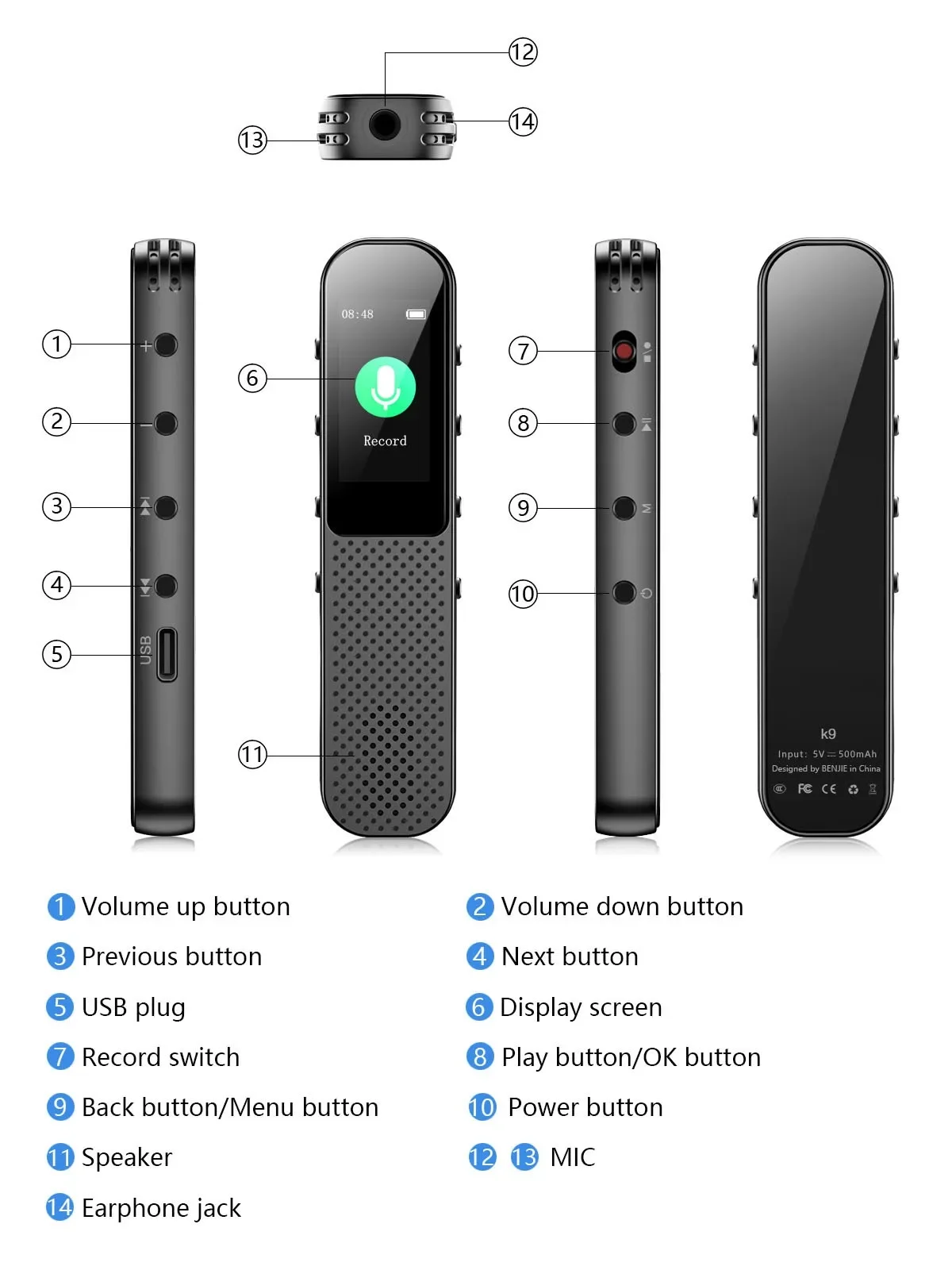 Lecteur MP3 enregistreur vocal numérique, dictaphone statique activé par la voix, dispositif statique, enregistreur audio avec haut-parleur de lecture, 8 Go