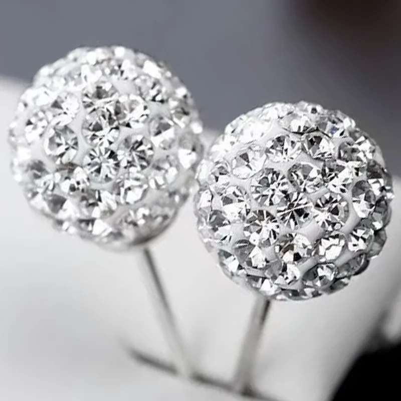 Wholesale 10mm White S925 Stamp Plata Color Earrings Micro Disco Balls Crystal Stud Earring Safe To Skin Women Jewelry