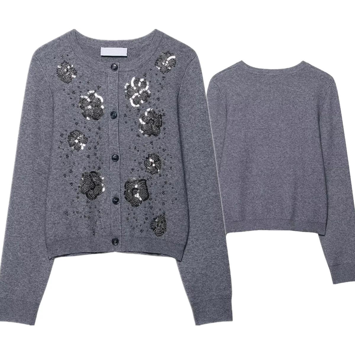 

Dave&Di French Vintage Elegant Beaded Knitted Cardigan Gray Sweater For Women Tops Knitwear Woman Clothing Cardigan