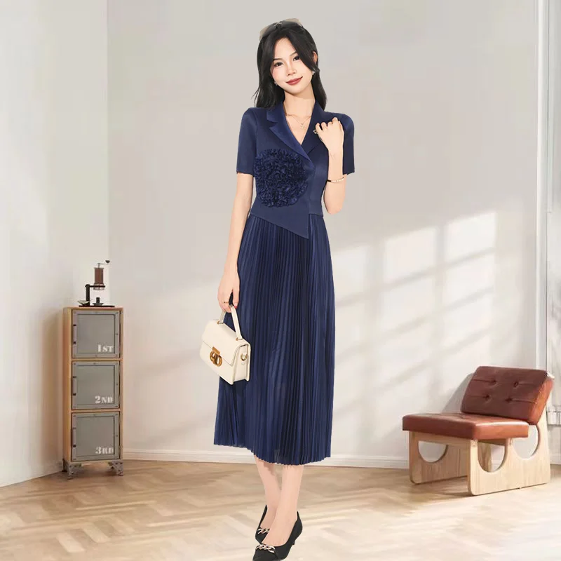 

Miyake плиссированные платья женские, лето 2025 года, платье для пожилых людей, складное новое платье с тонкой талией, воротник с коротким рукавом, модная плиссированная юбка