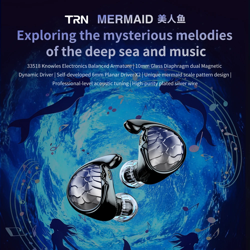 TRN Mermaid In-Ear Hi-Fi Headphones 1BA+1DD+2Planar Hybrid Driver Headset - Sound Isolation Earphones