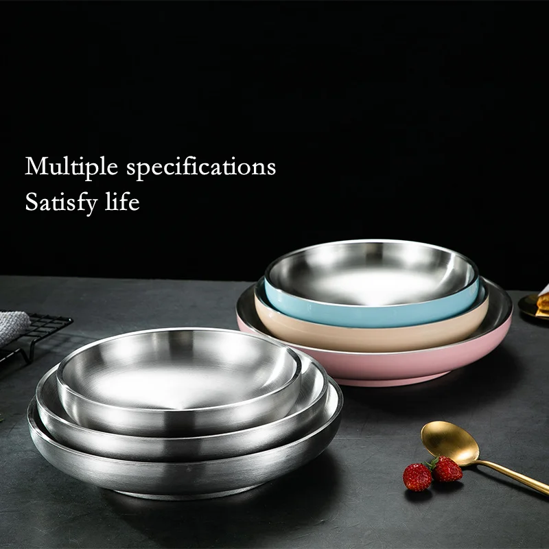 304 Stainless Steel Double Layer Dishes Tray, Anti-Scalding Steak Plate, Tableware Pan, Fruit Dishes, Household