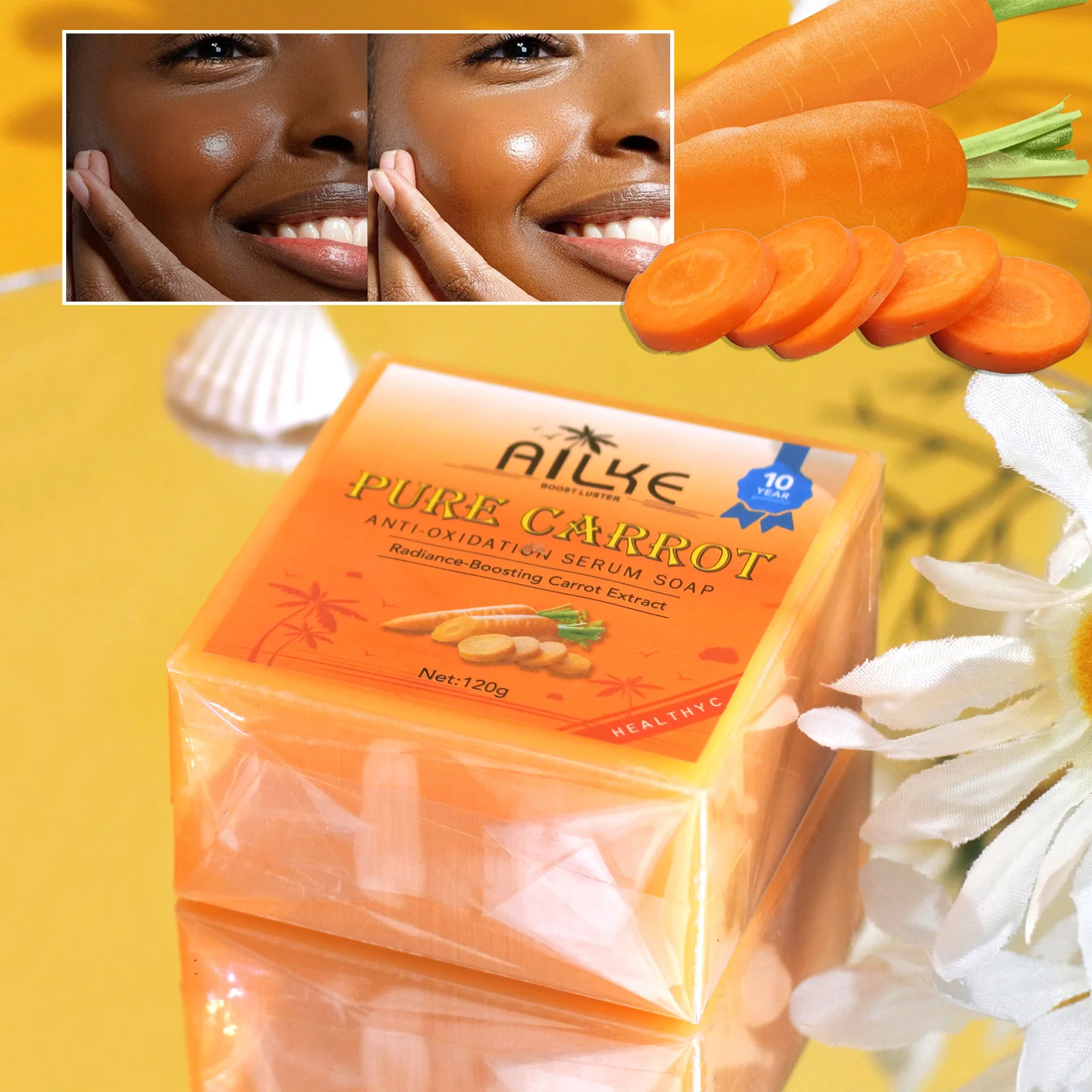 AILKE Organic Brightening Soap, with Carrot, Vitamin C&E, Cleaning, Moisturizing, Smooth and Soft Skin, for Face and Body Use