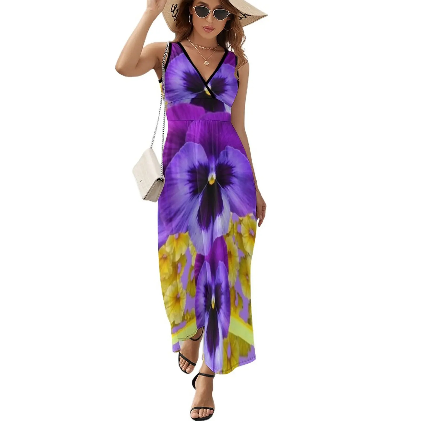 

PURPLE PANSIES IN YELLOW FLORAL GARDEN Sleeveless Dress summer women's dress 2024 Long dresses cute dress