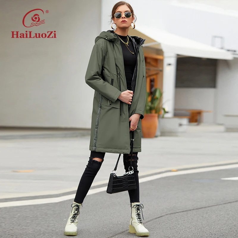 HaiLuoZi 2022 Long  Simple Spring Women Coat Fashion Soild Color Warm Women\'s  Jacket Female Hooded Elegant Windproo Parkas 7863