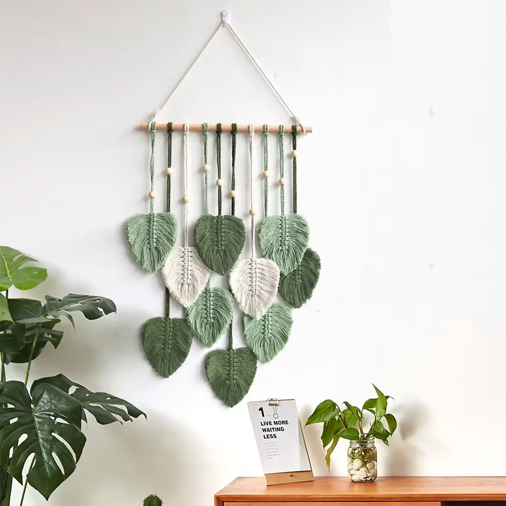Handmade Macrame Wall Hanging Green Leaf Tapestry Boho Home Living Room Decor Aesthetic Office Gift
