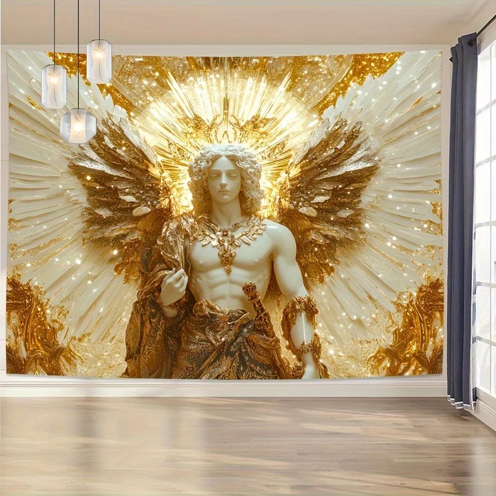 نسيج سانت مايكل أنجل الذهبي والأبيض الفاخر - تصميم سماوي معقد مع نجوم مشعة، مصنوع من البوليستر عالي الجودة