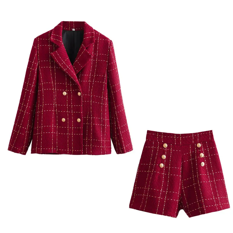 

Women's 2 pieces coarse tweed set, red suit jacket+shorts, 2024 new small fragrant style temperament set