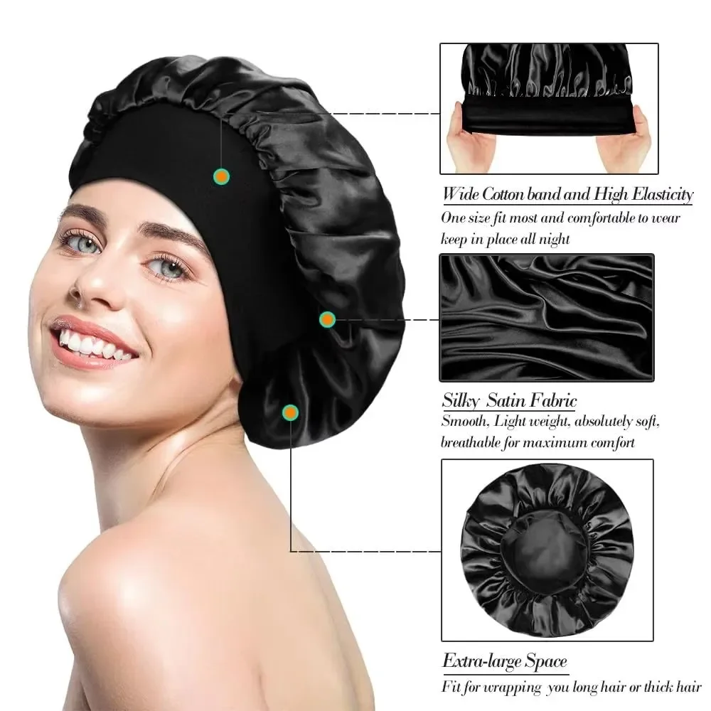 High Elastic Satin Solid Wide-brimmed Sleeping Hat Unisex Head Wrap Elastic Band Cap Hair Care Bonnet Night Sleeping Hat