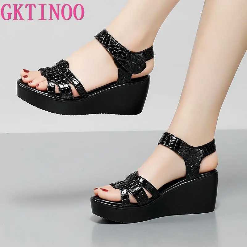 

GKTINOO Fashion Patent Leather Shoes Women's Platform Wedges Sandals 2023 Summer Open Toe Med Heels Sandals Office Beach Mom