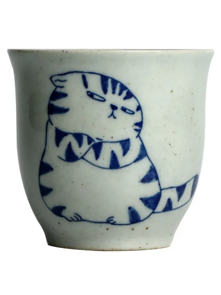 Jingdezhen Ceramic Tea Cup Blue and White Hand Painted Cute Cat Tea Set