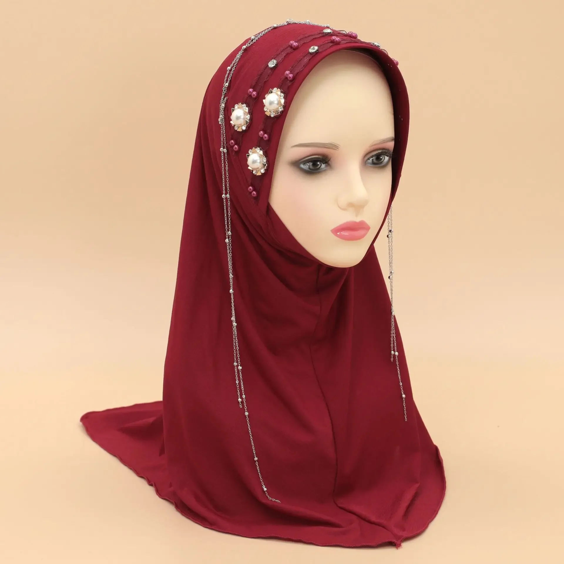 

Beaded Drill Fringe Solid Color Jersey Hard Brim Headscarf Muslim Women Hijab Turban Islam Head Wrap Shawls Amira Pull On Hat