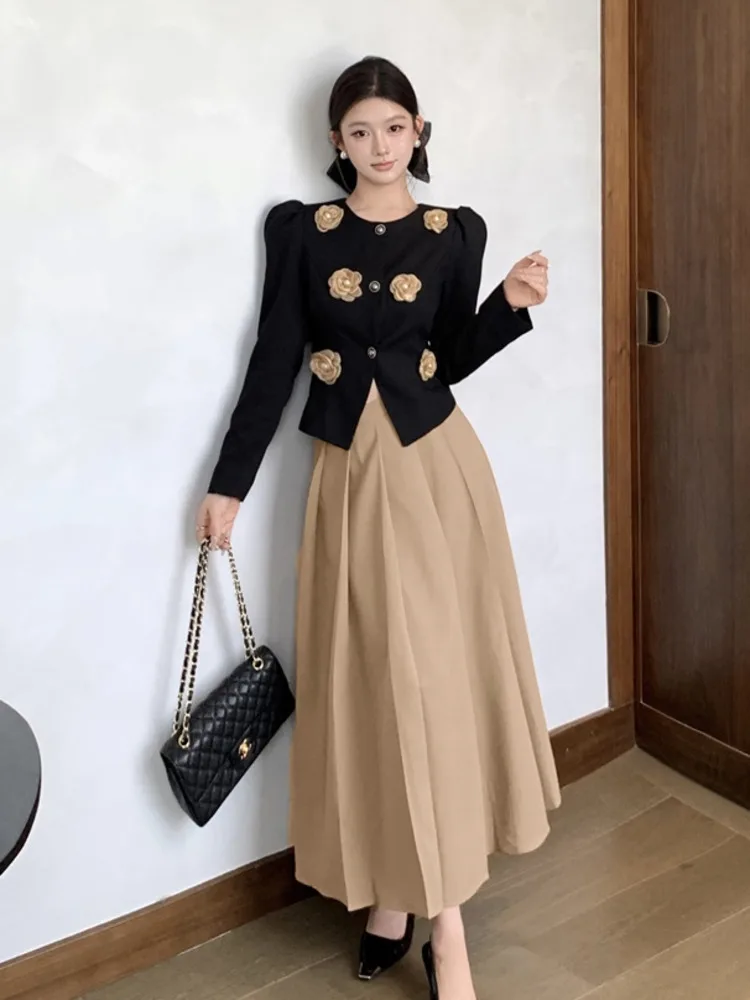 

High Quality Elegant Fashion Small Fragrance 2 Piece Set For Women 3D Flowers Jacket Coat + Pleated Long Skirt Two Piece Suits