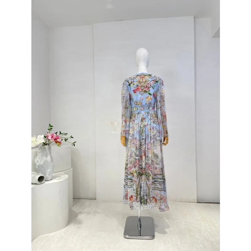 2025 New Style High Quality Silk Blue Rose Floral Print Long Sleeve Loose Midi Dress for Holiday