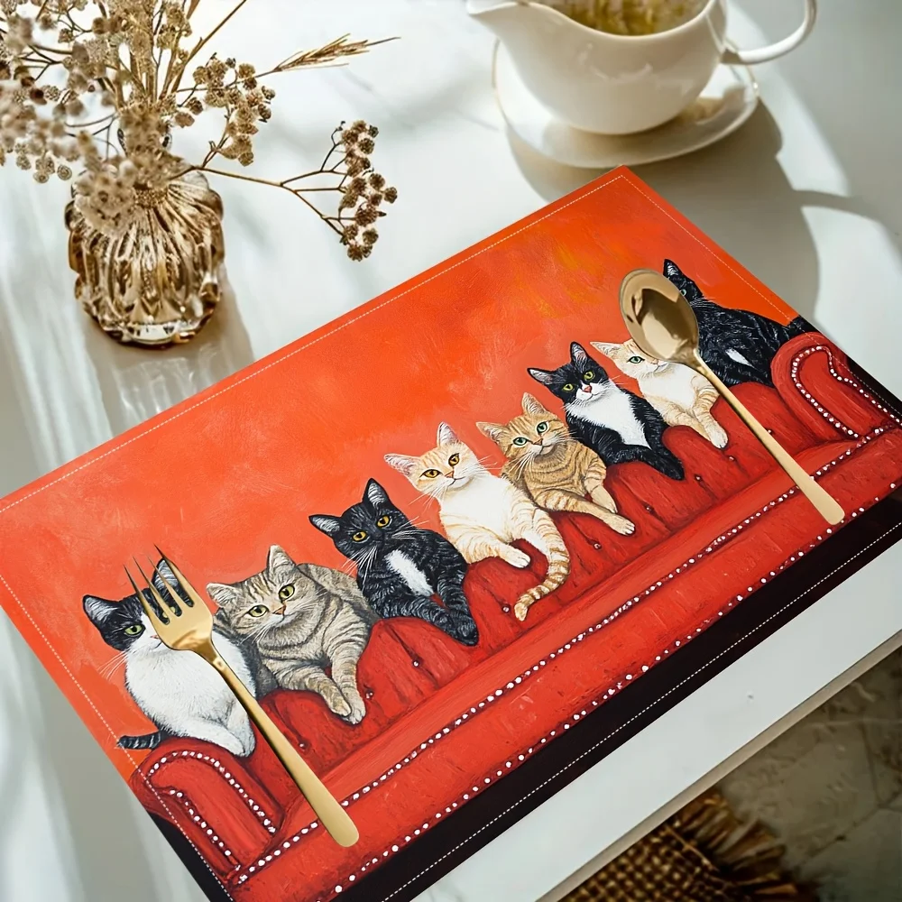 Cat-Themed Linen Table Mats  - Whimsical Orange & Red Sofa Design with Playful Kittens Ideal for Kitchen Dining Room and Pa