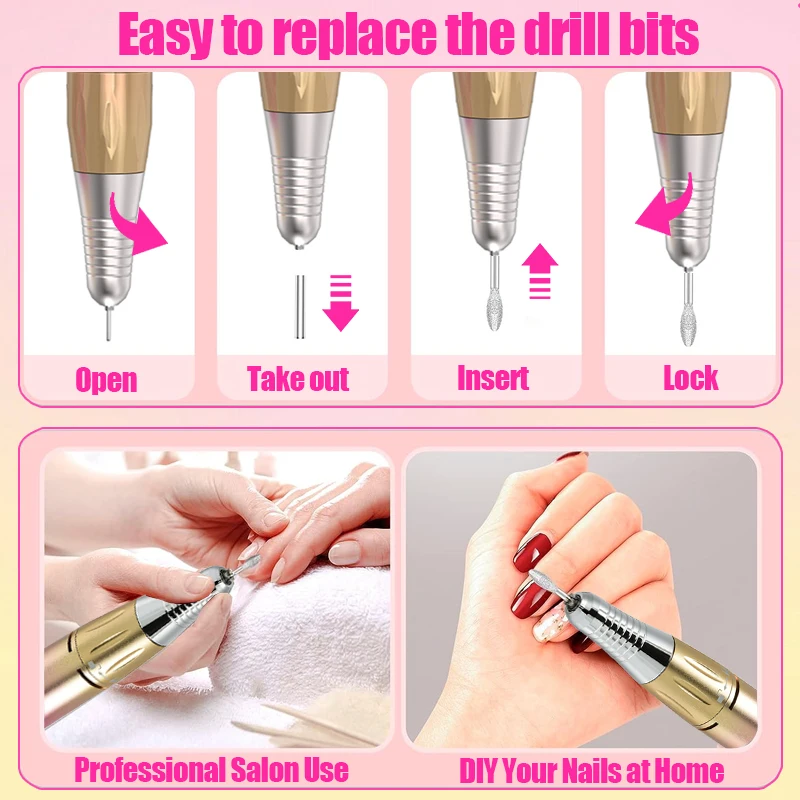 Brocas de unhas elétricas com display LCD, recarregável Nail Drill, Máquina de Manicure, Caneta Gel Polonês, Broca sem fio portátil, 45000RPM