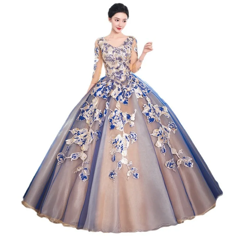 2025 Nuevo vestido de novia bordado colorido para mujer, vestido de noche, puesta en escena con sonido de moda, examen de arte, falda con colgante grande