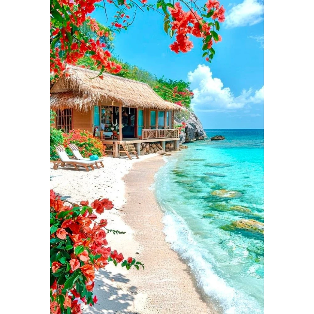 500/1000/1200/2000 PCS Jigsaw Puzzles Seaside Thatched Cottage Flowers Landscape Family Activity Games for Bedroom Home Decor