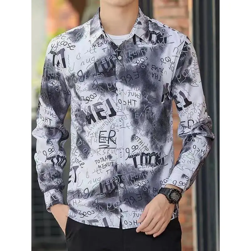 Autumn Long Sleeve Men's Shirt Anti-Wrinkle Easy Care Loose Fit Korean Style Printed Casual Outerwear Polyester Fiber