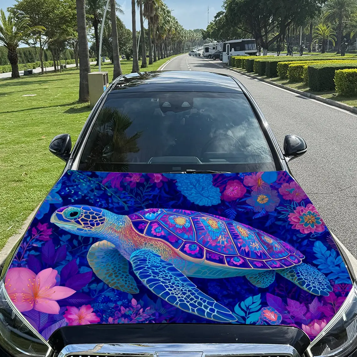 Colorful Sea Turtle and Flowers Car Vinyl Wrap, PVC Material Waterproof Car Hood Sticker, Self-Adhesive Scratch-Resistant Sticke