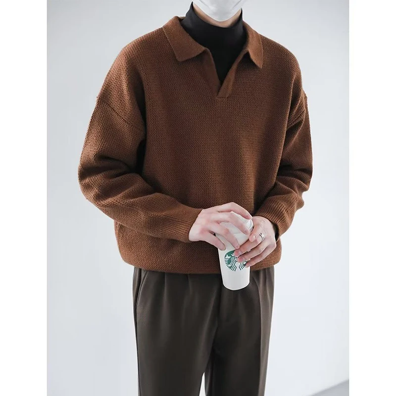 Autumn Winter Polo-neck Vintage Loose Casual Jumpers Male Solid Color Fashion All-match Knitted Top Homme Sweater Men's Clothing