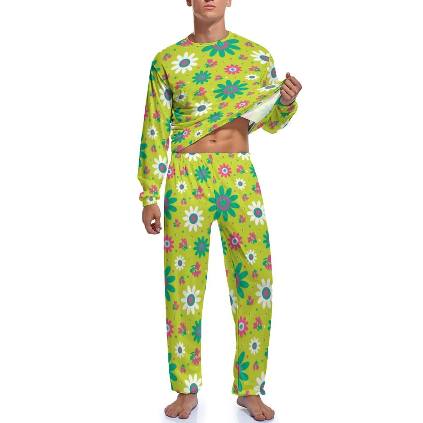 Pijama Retro de la paz de los 60 para hombre, Conjunto de pijama fresco de manga larga con estampado Floral de girasol, diseño de primavera para dormir, traje para el hogar, regalo, 2 piezas