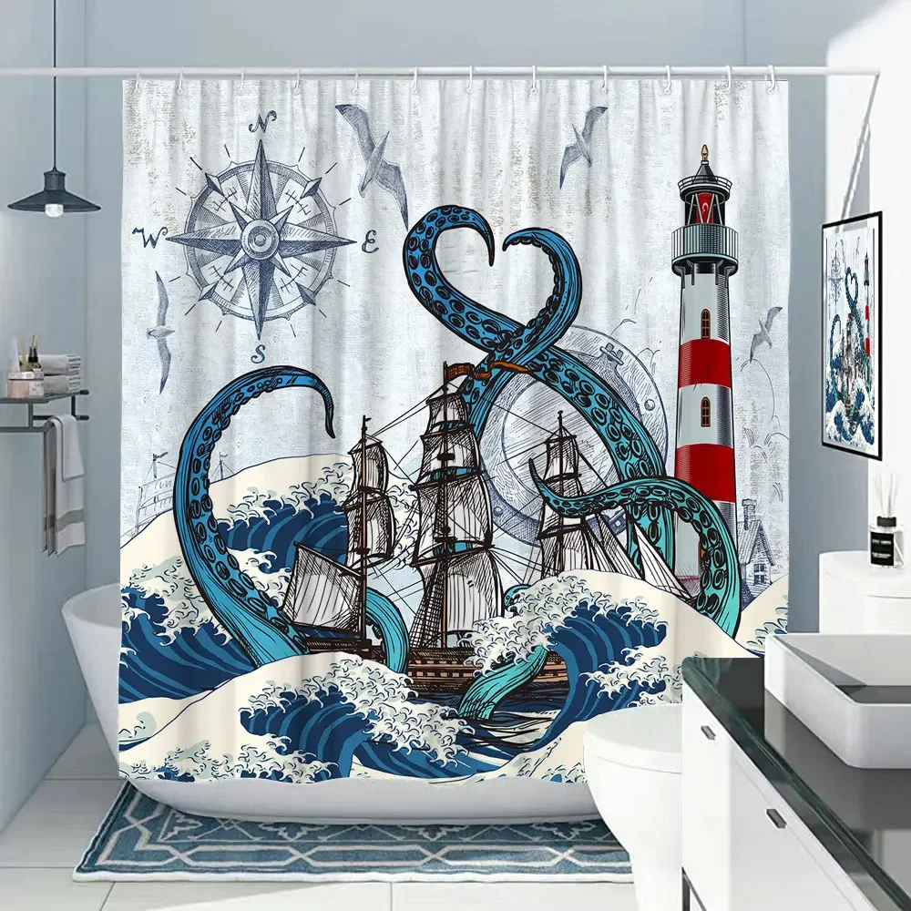 

Занавеска для душа в виде осьминога, морская океанская морская черепаха, пляжная прибрежная синяя рыба, ракушка, медуза, ткань, занавески для ванной, декор для ванной комнаты