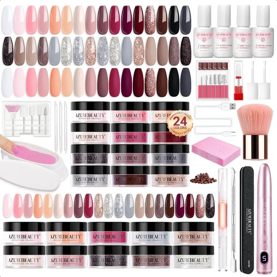 

Dip Powder Nail Kit with Electric Nail Drill 24 Colors Nude Pink Glitter Nail Powder Starter Kit with Dip Liquids Base Top Coat
