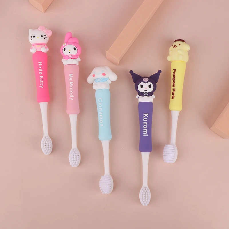 Cartoon Sanrio spazzolino carino Hello Kitty Kuromi Melody spazzolini da denti spazzolino da denti in morbida pelliccia con scatola bambini cura pulita denti