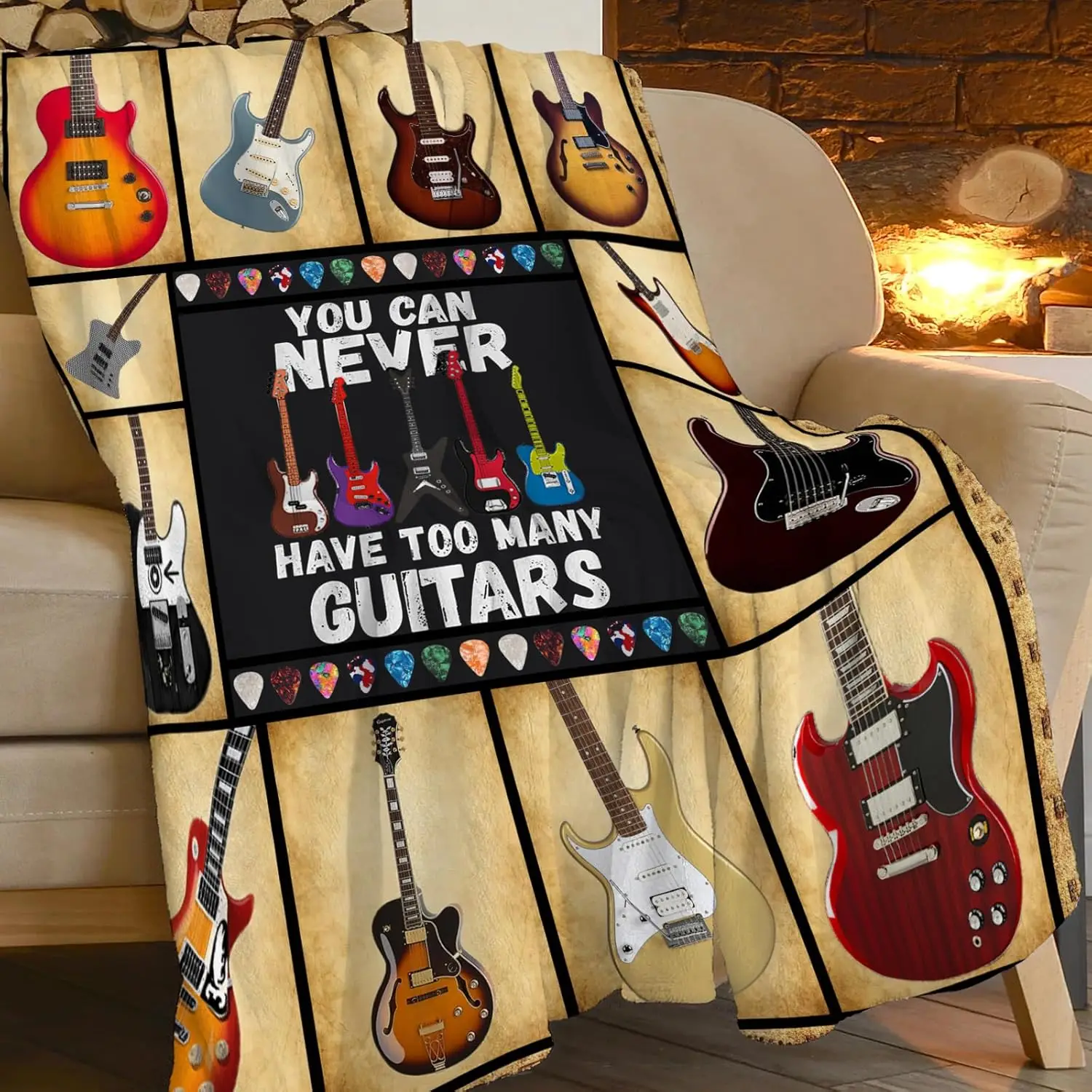 Vintage Guitar Music-Themed Blanket – Soft Fleece Throw for Rock Lovers, Ideal for Bed or Couch Decor