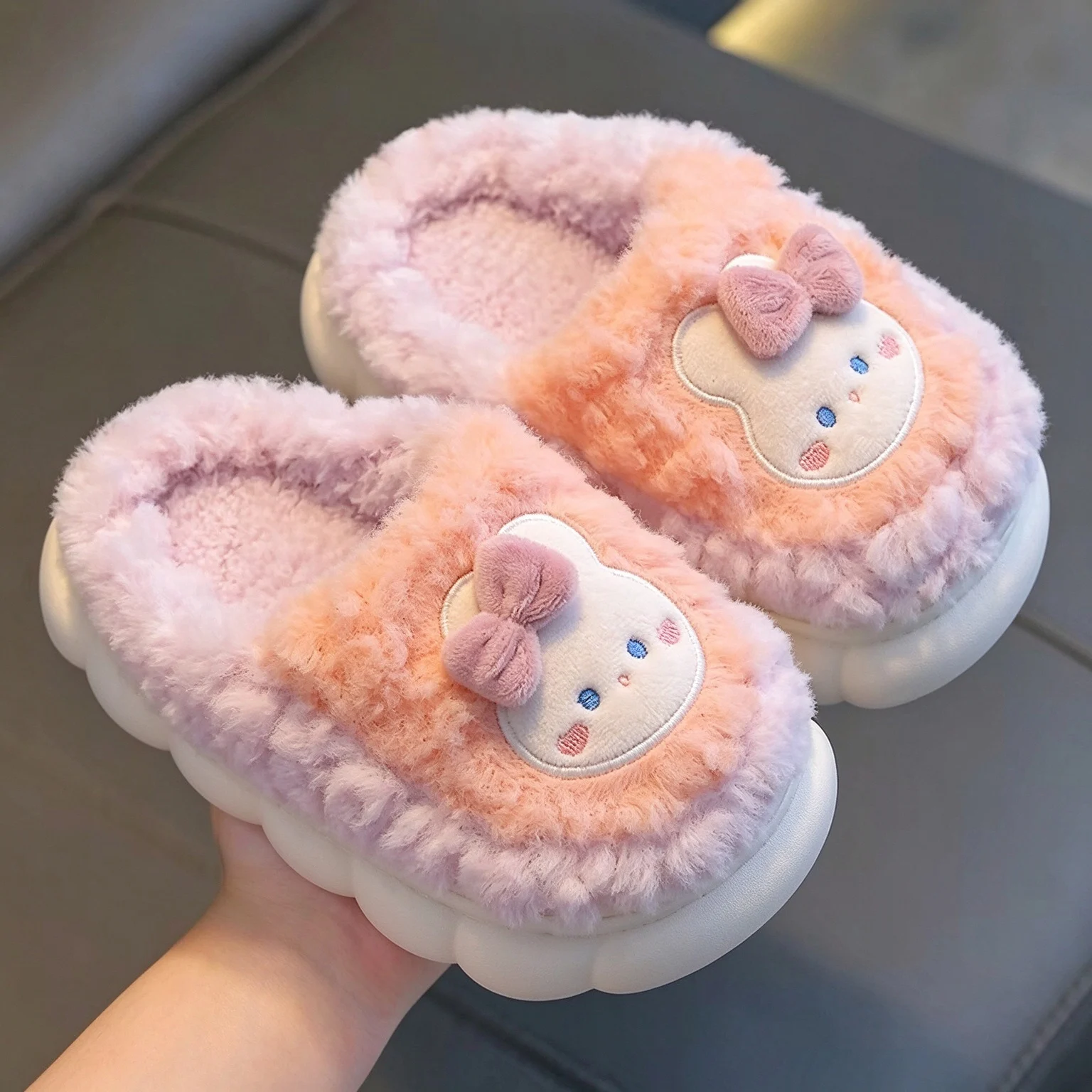 Kids Cute Cartoon Rabbit Bear Warm Plush Winter Slippers Children Non-slip Soft Sole Warm Slippers Boys Girls Home Cotton Shoes