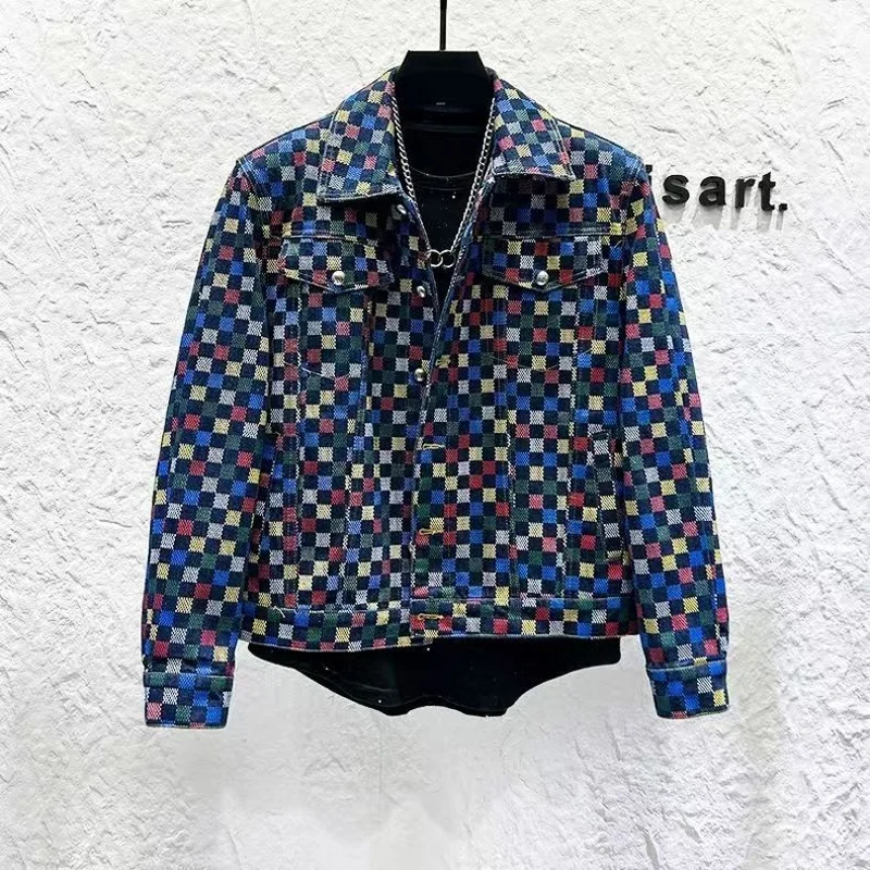 

New Arrival Top Fashion Men Casual Denim Jacket retro cargo Single Breasted Cotton Print Turn-down Collar Short sequin Coat
