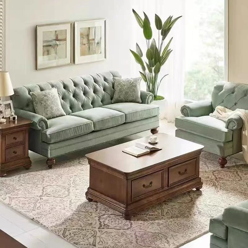 American light luxury sofa retro pull button inline three-seater sofa single high-end couch schlaffunktion living room furniture