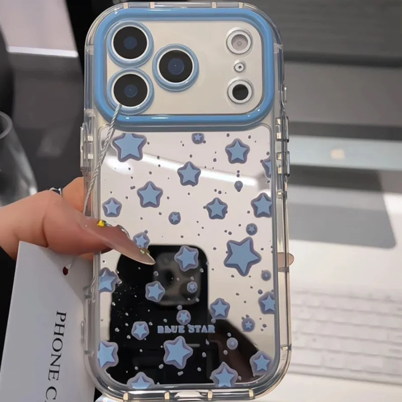 Full Screen Blue Stars Makeup Mirror Phone Case For iPhone 18 17 16 15 14 13 12 11 Pro XR XS Max 7 8 Plus 17air Shockproof Cover - view 4