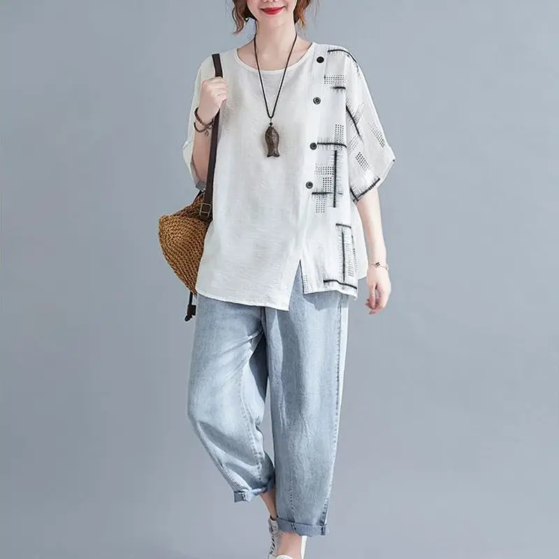 Summer New Cotton Linen Oversized Artistic Retro Women\'s Clothing Loose Slimming Covering Flesh Short Sleeved T-shirt for Women