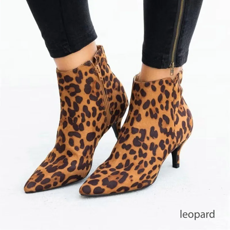 

Brown Leopard Pointed Toe Spike Heels Ankle Boots Women 2025 Autumn Winter Plus Size Flock Short Tube Shoes Woman Chelsea Boots