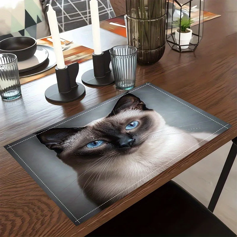 Minimalist Cat Line Art Linen Placemat Abstract Blue Kitten Table Mat Non Slip Heat Resistant Coaster Dining Bowl Pad Decor