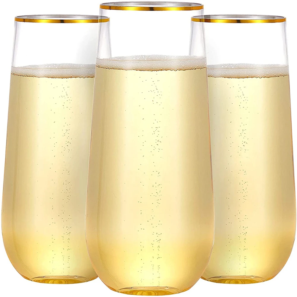 10 disposable plastic golden rim transparent cocktail , perfect for parties, glasses shatter-resistant weddings and birthdays