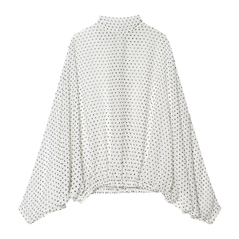 ETJ Dames Polka Dot Blouse Rok Set 2026 Lente Hoge Hals Vleermuismouw Doorzichtige Voorkant Strik Midi A-lijn Jurk Set