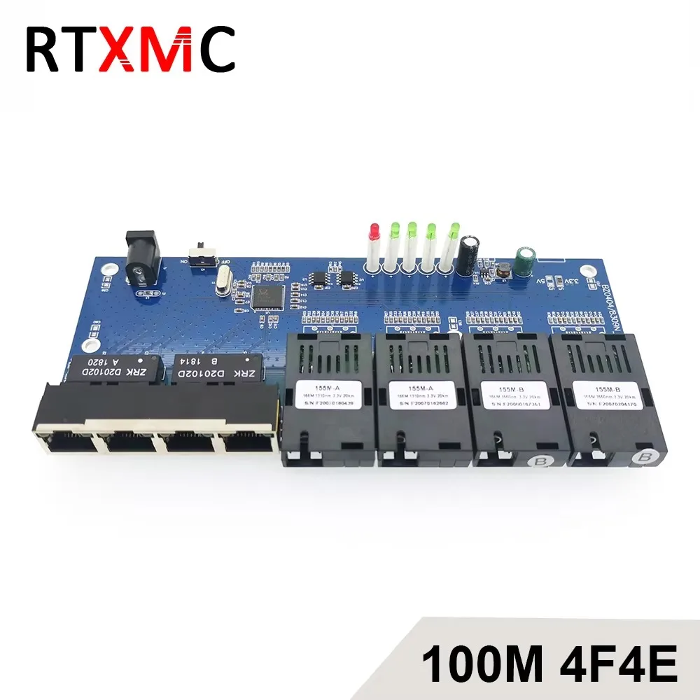 Fast Ethernet 4F4E 10/100M Ethernet Switch 4 Fiber Port SC 25KM 4 UTP RJ45 Fast Erhetnet Fiber Optical Switch with power supply