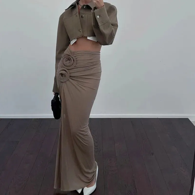 3D Flower Decoration Women Slit Skirt Y2K Sexy High Waist Folds Slim Ladies Midi Skirt Spring New Elegant Party Night Long Skirt